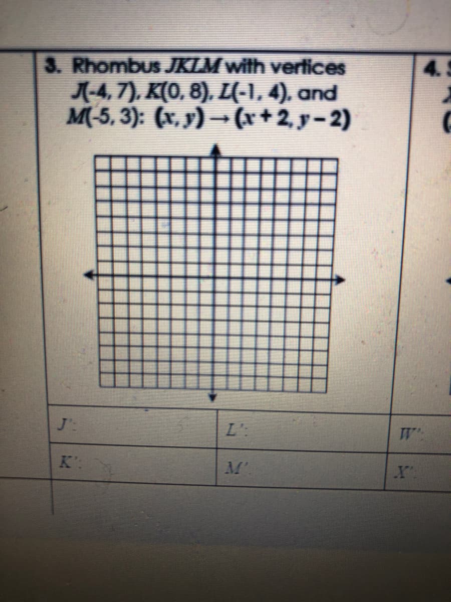3. Rhombus JKLM with vertices
J-4, 7), K(0, 8), L(-1, 4), and
M(-5, 3): (x. y) – (x+2,y-2)
4. 5
K':
