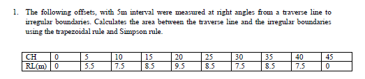 1. The following offsets, with 5m interval were measured at right angles from a traverse line to
irregular boundaries. Calculates the area between the traverse line and the inegular boundaries
using the trapezoidal rule and Simpson rule.
CH
5
10
15
20
25
30
35
40
45
RL(m) 0
5.5
7.5
8.5
9.5
8.5
7.5
8.5
7.5
colwl
