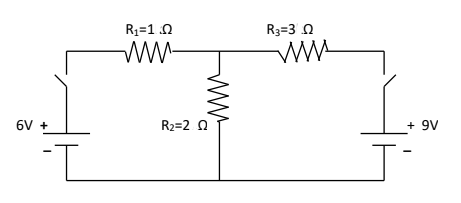 R1=1 0
R3=3 0
ww-
6V +
R2=2 0
+ 9V
ww
