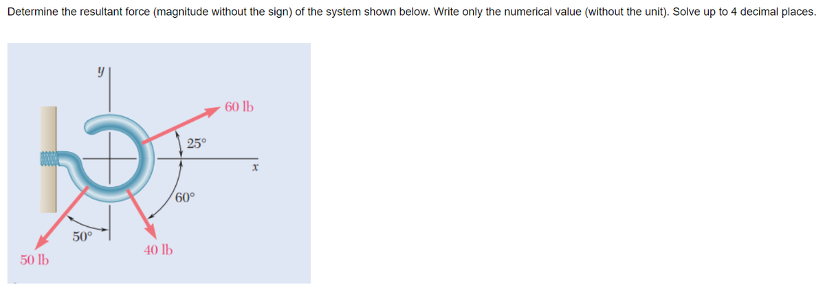 Determine the resultant force (magnitude without the sign) of the system shown below. Write only the numerical value (without the unit). Solve up to 4 decimal places.
t
50 lb
y
50°
40 lb
25°
60°
60 lb
x