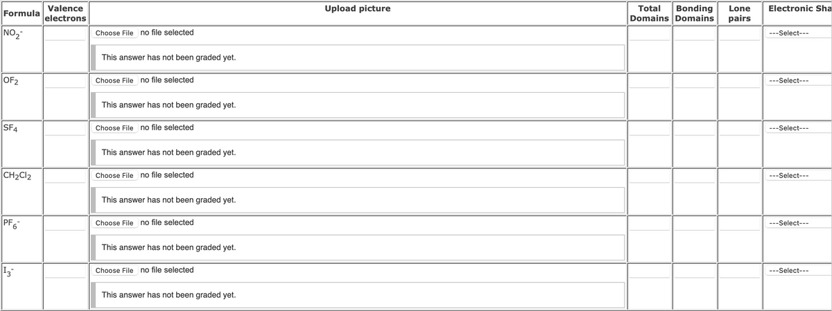 Bonding
Domains Domains
Valence
Upload picture
Total
Lone
Electronic Sha
Formula
electrons
pairs
NO,-
no file selected
Choose File
---Select---
This answer has not been graded yet.
|OF2
Choose File
no file selected
---Select---
This answer has not been graded yet.
SF4
Choose File no file selected
---Select---
This answer has not been graded yet.
|CH2CI2
no file selected
Choose File
---Select---
This answer has not been graded yet.
PF6
no file selected
Choose File
---Select---
This answer has not been graded yet.
13
Choose File no file selected
---Select---
This answer has not been graded yet.
