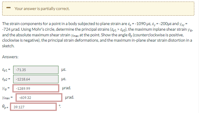 Your answer is partially correct.
The strain components for a point in a body subjected to plane strain are & =-1090 µɛ, ɛ, = -200µs and y,sy =
-724 prad. Using Mohr's circle, determine the principal strains (8p1 > Ep2), the maximum inplane shear strain yip.
and the absolute maximum shear strain ymax at the point. Show the angle e, (counterclockwise is positive,
clockwise is negative), the principal strain deformations, and the maximum in-plane shear strain distortion in a
sketch.
Answers:
Ep1 =
-71.35
pE.
Ep2 =
-1218.64
PE.
Yip=
-1289.99
prad.
Ymax=
-609.32
prad.
e- 39.127
