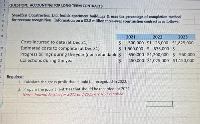 5
6
2 QUESTION: ACCOUNTING FOR LONG-TERM CONTRACTS
3
7
4
8
2
9
10
1
3
4
5
5
Steadfast Construction Ltd. builds apartment buildings & uses the percentage of completion method
for revenue recognition. Information on a $2.8 million three-year construction contract is as follows:
2021
2022
2023
Costs incurred to date (at Dec 31)
500,000 $1,125,000 $1,825,000
$1,500,000 $ 875,000 $
Estimated costs to complete (at Dec 31)
Progress billings during the year (non-refundable $ 650,000 $1,200,000 $950,000
Collections during the year
450,000 $1,025,000 $1,150,000
$
Required:
$
1. Calculate the gross profit that should be recognized in 2022.
2. Prepare the journal entrties that should be recorded for 2022.
Note: Journal Entries for 2021 and 2023 are NOT required.