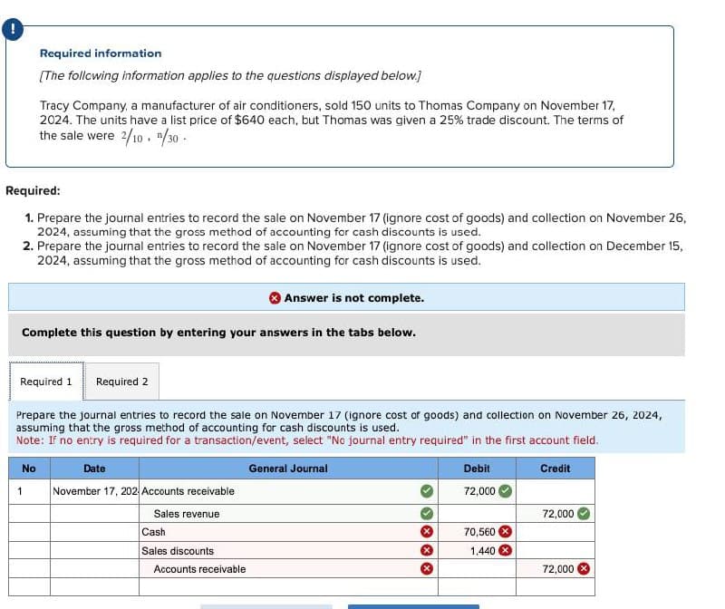 !
Required information
[The following information applies to the questions displayed below.]
Required:
1. Prepare the journal entries to record the sale on November 17 (ignore cost of goods) and collection on November 26,
2024, assuming that the gross method of accounting for cash discounts is used.
2. Prepare the journal entries to record the sale on November 17 (ignore cost of goods) and collection on December 15,
2024, assuming that the gross method of accounting for cash discounts is used.
Tracy Company, a manufacturer of air conditioners, sold 150 units to Thomas Company on November 17,
2024. The units have a list price of $640 each, but Thomas was given a 25% trade discount. The terms of
the sale were 2/10/30 -
Answer is not complete.
Complete this question by entering your answers in the tabs below.
Required 2
Prepare the journal entries to record the sale on November 17 (ignore cost of goods) and collection on November 26, 2024,
assuming that the gross method of accounting for cash discounts is used.
Note: If no entry is required for a transaction/event, select "No journal entry required" in the first account field.
Date
General Journal
Credit
No
Required 1
1
November 17, 202 Accounts receivable
Sales revenue
Cash
Sales discounts
Accounts receivable
Debit
72,000
70,560
1.440
72,000
72,000