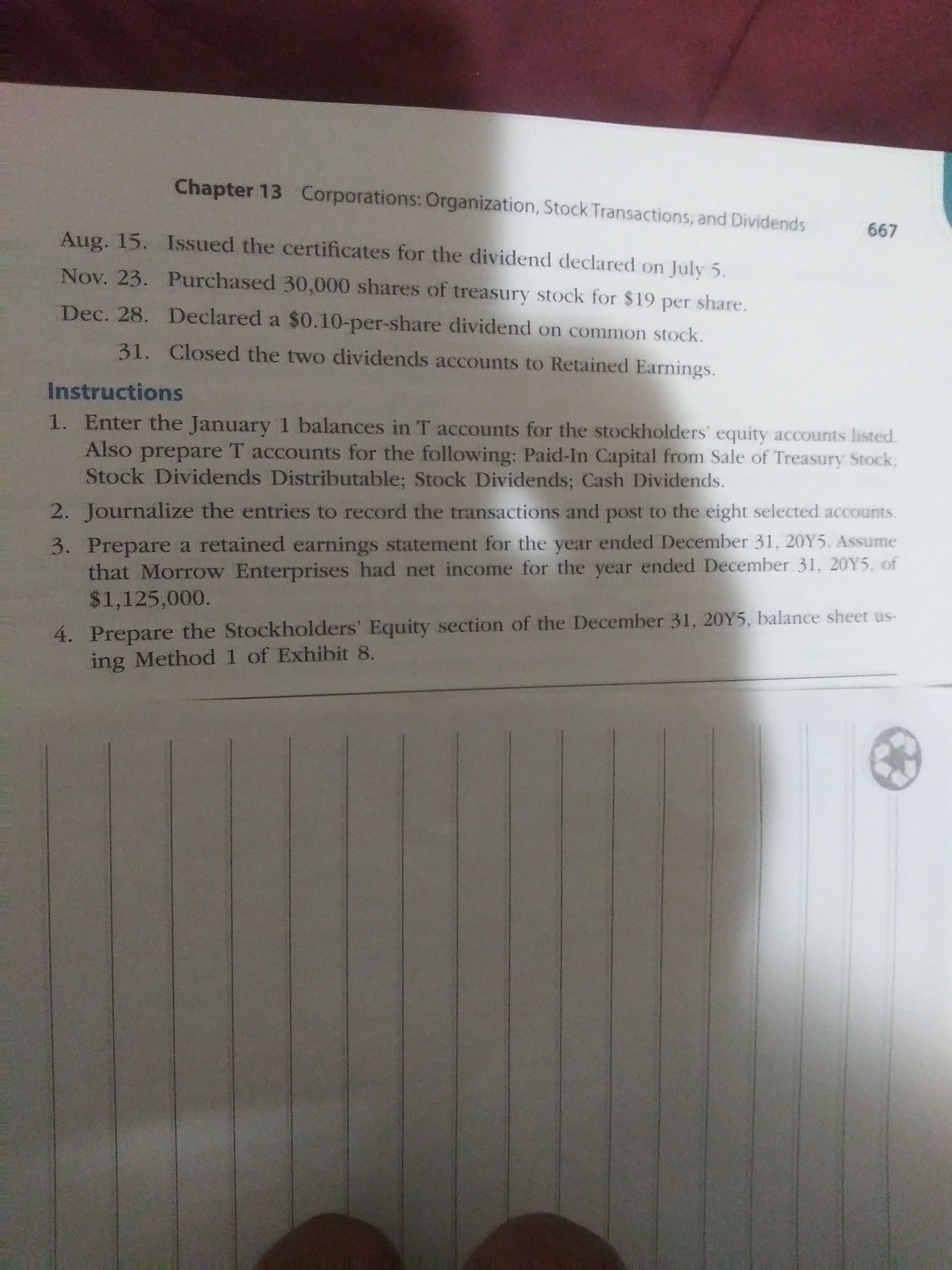 1. Enter the January 1 balances in T accounts for the stockholders' equity accounts listed.
Also prepare T accounts for the following: Paid-In Capital from Sale of Treasury Stock;
Stock Dividends Distributable; Stock Dividends; Cash Dividends.
2. Journalize the entries to record the transactions and post to the eight selected accounts.
3. Prepare a retained earnings statement for the year ended December 31, 20Y5. Assume
that Morrow Enterprises had net income for the year ended December 31, 20Y5, of
$1,125,000.
4. Prepare the Stockholders' Equity section of the December 31, 20Y5, balance sheet us-
ing Method 1 of Exhibit 8.
