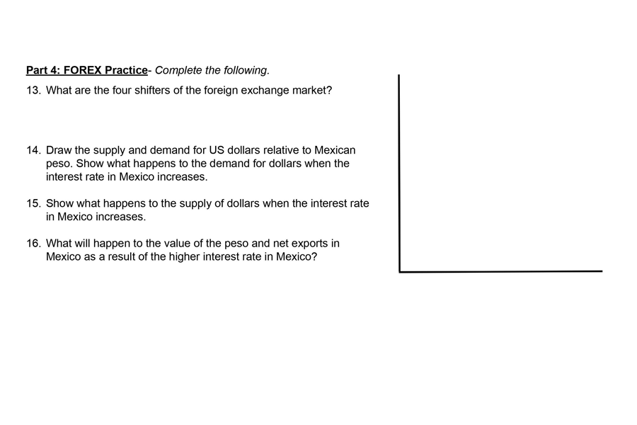 Part 4: FOREX Practice- Complete the following.
13. What are the four shifters of the foreign exchange market?
14. Draw the supply and demand for US dollars relative to Mexican
peso. Show what happens to the demand for dollars when the
interest rate in Mexico increases.
15. Show what happens to the supply of dollars when the interest rate
in Mexico increases.
16. What will happen to the value of the peso and net exports in
Mexico as a result of the higher interest rate in Mexico?
