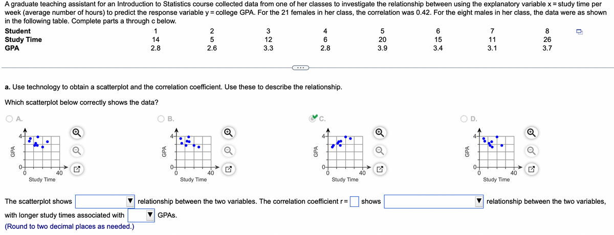 A graduate teaching assistant for an Introduction to Statistics course collected data from one of her classes to investigate the relationship between using the explanatory variable x = study time per
week (average number of hours) to predict the response variable y = college GPA. For the 21 females in her class, the correlation was 0.42. For the eight males in her class, the data were as shown
in the following table. Complete parts a through c below.
Student
1
Study Time
14
GPA
2.8
GPA
A.
0
a. Use technology to obtain a scatterplot and the correlation coefficient. Use these to describe the relationship.
Which scatterplot below correctly shows the data?
40
Study Time
The scatterplot shows
with longer study times associated with
(Round to two decimal places as needed.)
rao
B.
●
GPAS.
25
Study Time
2.6
3
12
3.3
40
4
6
2.8
GPA
0
10
Study Time
relationship between the two variables. The correlation coefficient r =
40
5
20
3.9
shows
6
15
3.4
GPA
4-
0
7
11
3.1
●
Study Time
40
8
26
3.7
relationship between the two variables,