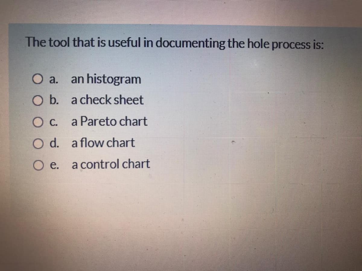 The tool that is useful in documenting the hole process is:
O a.
an histogram
O b.
a check sheet
C.
a Pareto chart
O d. aflow chart
O e.
a control chart
