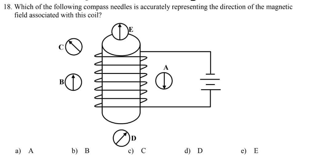 18. Which of the following compass needles is accurately representing the direction of the magnetic
field associated with this coil?
a) A
B
b) B
C
d) D
e) E