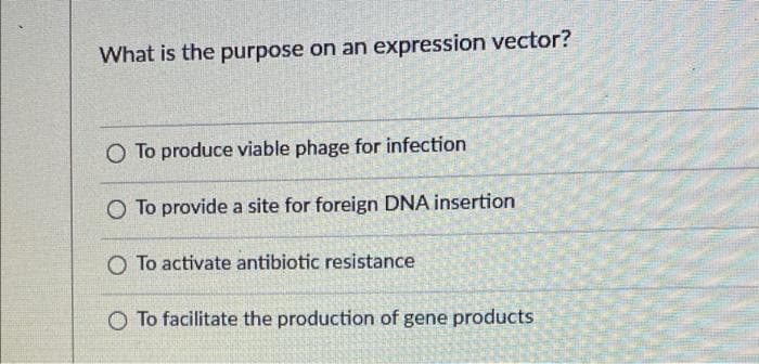 What is the purpose on an expression vector?
O To produce viable phage for infection
O To provide a site for foreign DNA insertion
O To activate antibiotic resistance
O To facilitate the production of gene products
