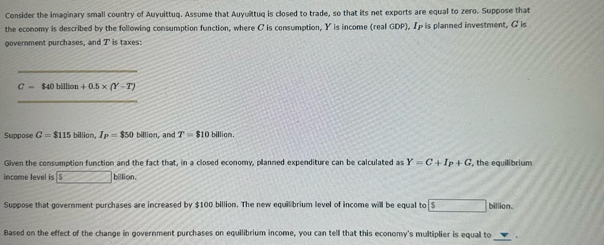 Consider the imaginary small country of Auyuittuq. Assume that Auyuittuq is closed to trade, so that its net exports are equal to zero. Suppose that
the economy is described by the following consumption function, where Cis consumption, Y is income (real GDP), Ip is planned investment, G is
government purchases, and T is taxes:
C = $40 billion +0.5 x (Y-T)
Suppose G= $115 billion, Ip = $50 billion, and T $10 billion.
Given the consumption function and the fact that, in a closed economy, planned expenditure can be calculated as Y=C+Ip+ G, the equilibrium
income level is
billion.
Suppose that government purchases are increased by $100 billion. The new equilibrium level of income will be equal to S
billion.
Based on the effect of the change in government purchases on equilibrium income, you can tell that this economy's multiplier is equal to