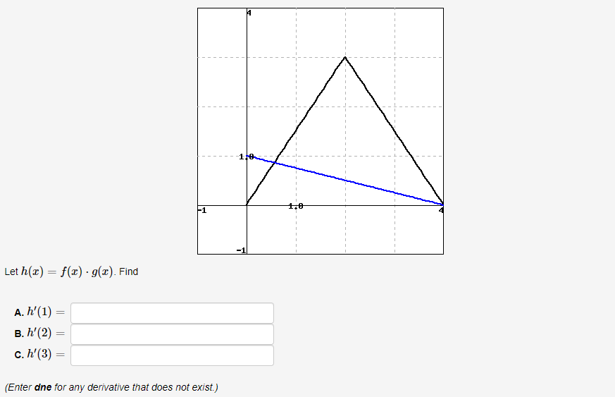 4,0
F1
Let h(x) = f(x) g(x). Find
A. h'(1)
В. h' (2)
c. h'(3) =
(Enter dne for any derivative that does not exist.)
||
