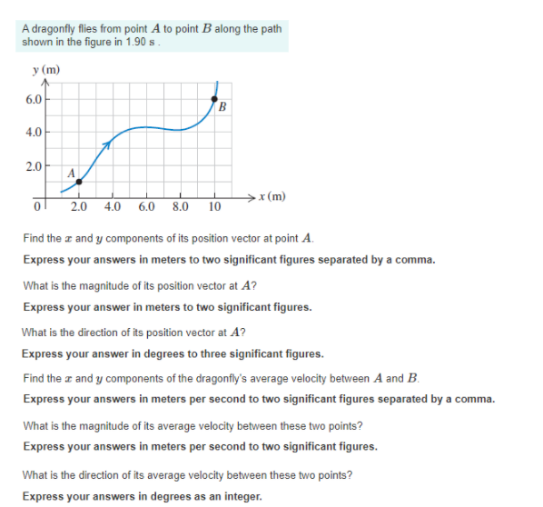 A dragonfly flies from point A to point B along the path
shown in the figure in 1.90 s .
у (m)
6.0
B
4.0
2.0
A
- x (m)
2.0
4.0
6.0
8.0
10
Find the a and y components of its position vector at point A.
Express your answers in meters to two significant figures separated by a comma.
What is the magnitude of its position vector at A?
Express your answer in meters to two significant figures.
What is the direction of its position vector at A?
Express your answer in degrees to three significant figures.
Find the a and y components of the dragonfly's average velocity between A and B.
Express your answers in meters per second to two significant figures separated by a comma.
What is the magnitude of its average velocity between these two points?
Express your answers in meters per second to two significant figures.
What is the direction of its average velocity between these two points?
Express your answers in degrees as an integer.
