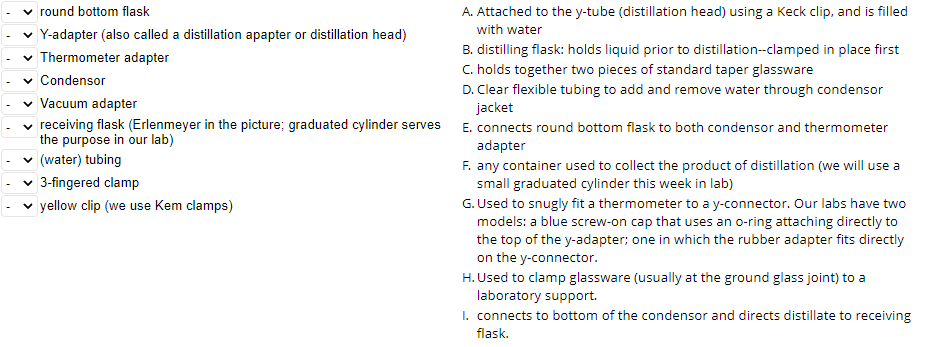 round bottom flask
A. Attached to the y-tube (distillation head) using a Keck clip, and is filled
with water
v Y-adapter (also called a distillation apapter or distillation head)
v Thermometer adapter
v Condensor
v Vacuum adapter
v receiving flask (Erlenmeyer in the picture; graduated cylinder serves E. connects round bottom flask to both condensor and thermometer
the purpose in our lab)
B. distilling flask: holds liquid prior to distillation--clamped in place first
C. holds together two pieces of standard taper glassware
D. Clear flexible tubing to add and remove water through condensor
jacket
v (water) tubing
v 3-fingered clamp
v yellow clip (we use Kem clamps)
adapter
F. any container used to collect the product of distillation (we will use a
small graduated cylinder this week in lab)
G. Used to snugly fit a thermometer to a y-connector. Our labs have two
models: a blue screw-on cap that uses an o-ring attaching directly to
the top of the y-adapter; one in which the rubber adapter fits directly
on the y-connector.
H. Used to clamp glassware (usually at the ground glass joint) to a
laboratory support.
I. connects to bottom of the condensor and directs distillate to receiving
flask.
