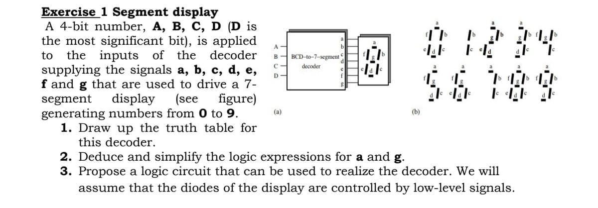 Exercise 1 Segment display
decoder
A 4-bit number, A, B, C, D (D is
the most significant bit), is applied
to the inputs of the
supplying the signals a, b, c, d, e,
f and g that are used to drive a 7-
segment display (see
generating numbers from 0 to 9.
figure)
1. Draw up the truth table for
this decoder.
A
B
C
D
(a)
BCD-to-7-segment
decoder
(b)
a
-
01234
46
2. Deduce and simplify the logic expressions for a and g.
3. Propose a logic circuit that can be used to realize the decoder. We will
assume that the diodes of the display are controlled by low-level signals.
a
a
a