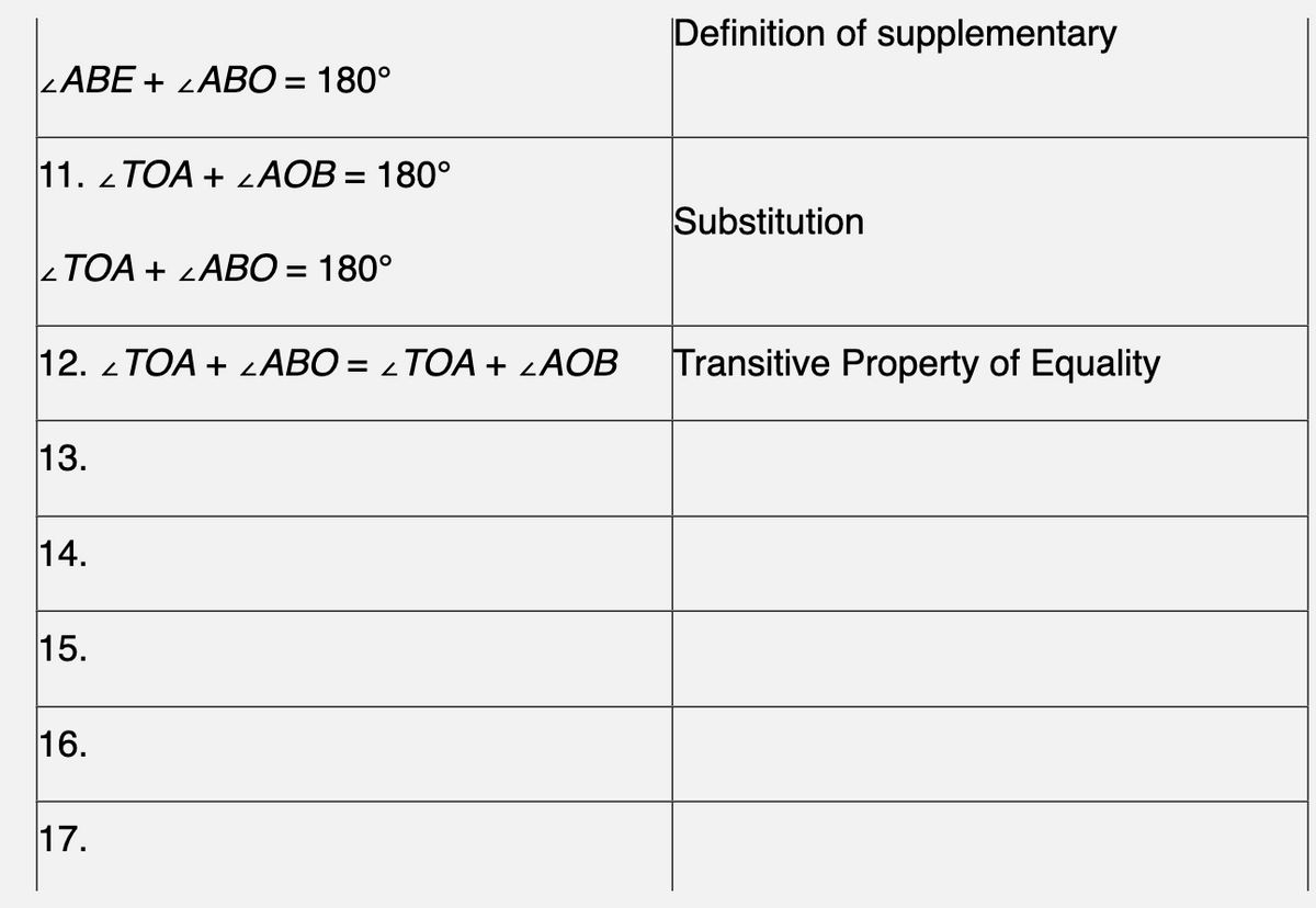 LABE + LABO = 180°
11. TOA + <AOB = 180°
TOA+LABO = 180°
12. TOA + <ABO = _TOA + LAOB
13.
14.
15.
2
16.
17.
2
Definition of supplementary
Substitution
Transitive Property of Equality