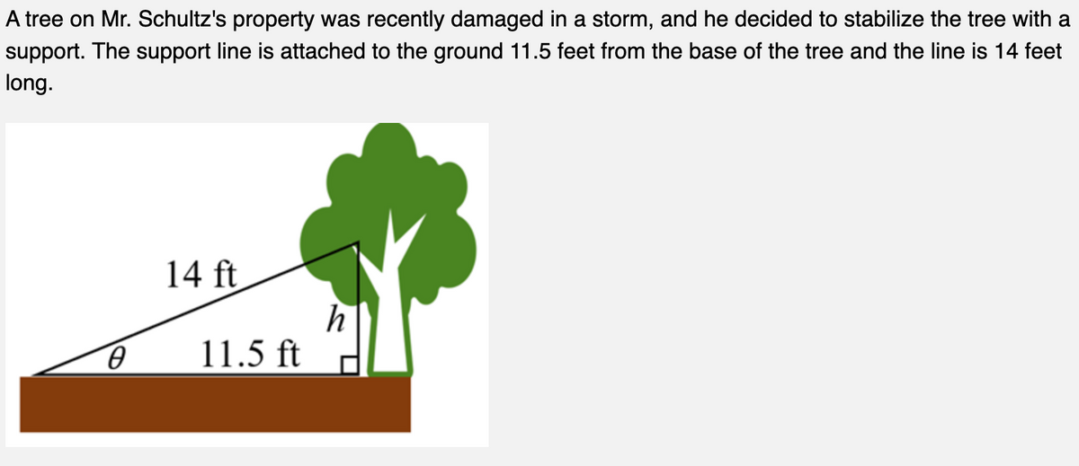 A tree on Mr. Schultz's property was recently damaged in a storm, and he decided to stabilize the tree with a
support. The support line is attached to the ground 11.5 feet from the base of the tree and the line is 14 feet
long.
0
14 ft
h
11.5 ft