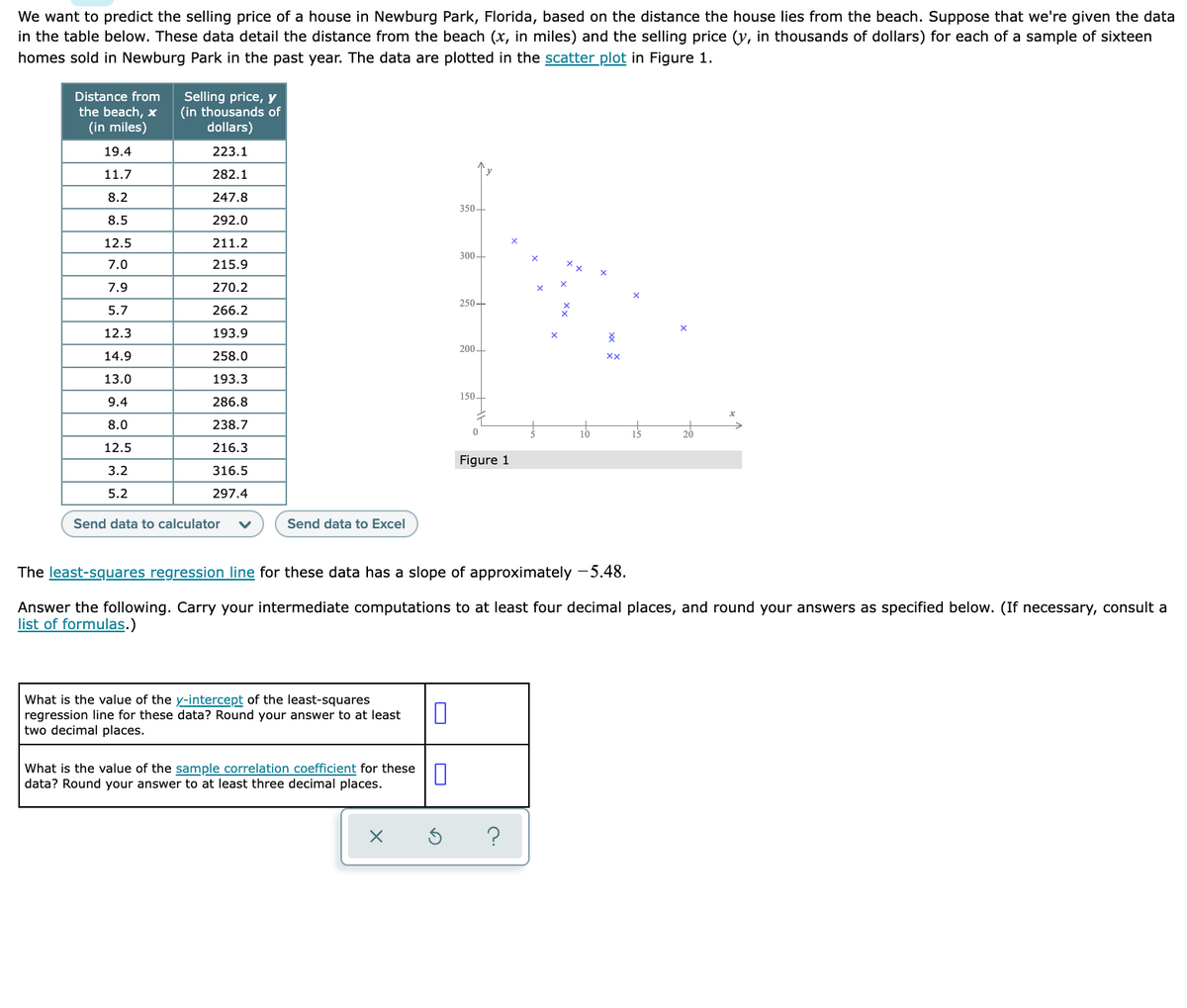 We want to predict the selling price of a house in Newburg Park, Florida, based on the distance the house lies from the beach. Suppose that we're given the data
in the table below. These data detail the distance from the beach (x, in miles) and the selling price (y, in thousands of dollars) for each of a sample of sixteen
homes sold in Newburg Park in the past year. The data are plotted in the scatter plot in Figure 1.
Selling price, y
(in thousands of
dollars)
Distance from
the beach, x
(in miles)
19.4
223.1
11.7
282.1
8.2
247.8
350-
8.5
292.0
12.5
211.2
300-
7.0
215.9
7.9
270.2
250-
5.7
266.2
12.3
193.9
200-
14.9
258.0
13.0
193.3
150-
9.4
286.8
8.0
238.7
10
20
12.5
216.3
Figure 1
3.2
316.5
5.2
297.4
Send data to calculator
Send data to Excel
The least-squares regression line for these data has a slope of approximately -5.48.
Answer the following. Carry your intermediate computations to at least four decimal places, and round your answers as specified below. (If necessary, consult a
list of formulas.)
What is the value of the y-intercept of the least-squares
regression line for these data? Round your answer to at least
two decimal places.
What is the value of the sample correlation coefficient for these
data? Round your answer to at least three decimal places.
