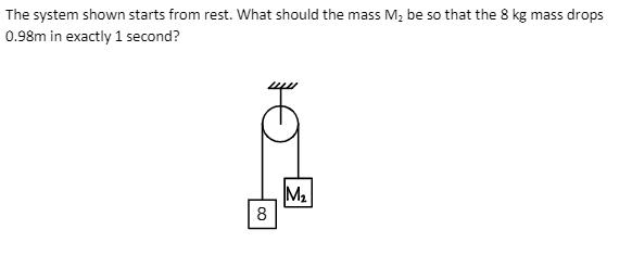 The system shown starts from rest. What should the mass M2 be so that the 8 kg mass drops
0.98m in exactly 1 second?
M2
8
