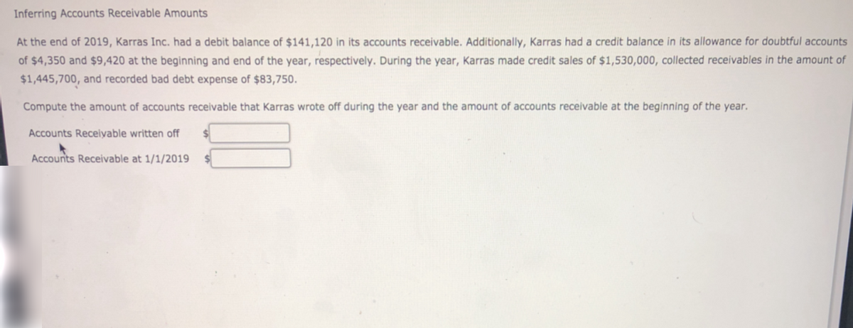 Inferring Accounts Receivable Amounts
At the end of 2019, Karras Inc. had a debit balance of $141,120 in its accounts receivable. Additionally, Karras had a credit balance in its allowance for doubtful accounts
of $4,350 and $9,420 at the beginning and end of the year, respectively. During the year, Karras made credit sales of $1,530,000, collected receivables in the amount of
$1,445,700, and recorded bad debt expense of $83,750.
Compute the amount of accounts receivable that Karras wrote off during the year and the amount of accounts receivable at the beginning of the year.
Accounts Receiyable written off
Accounts Receivable at 1/1/2019
