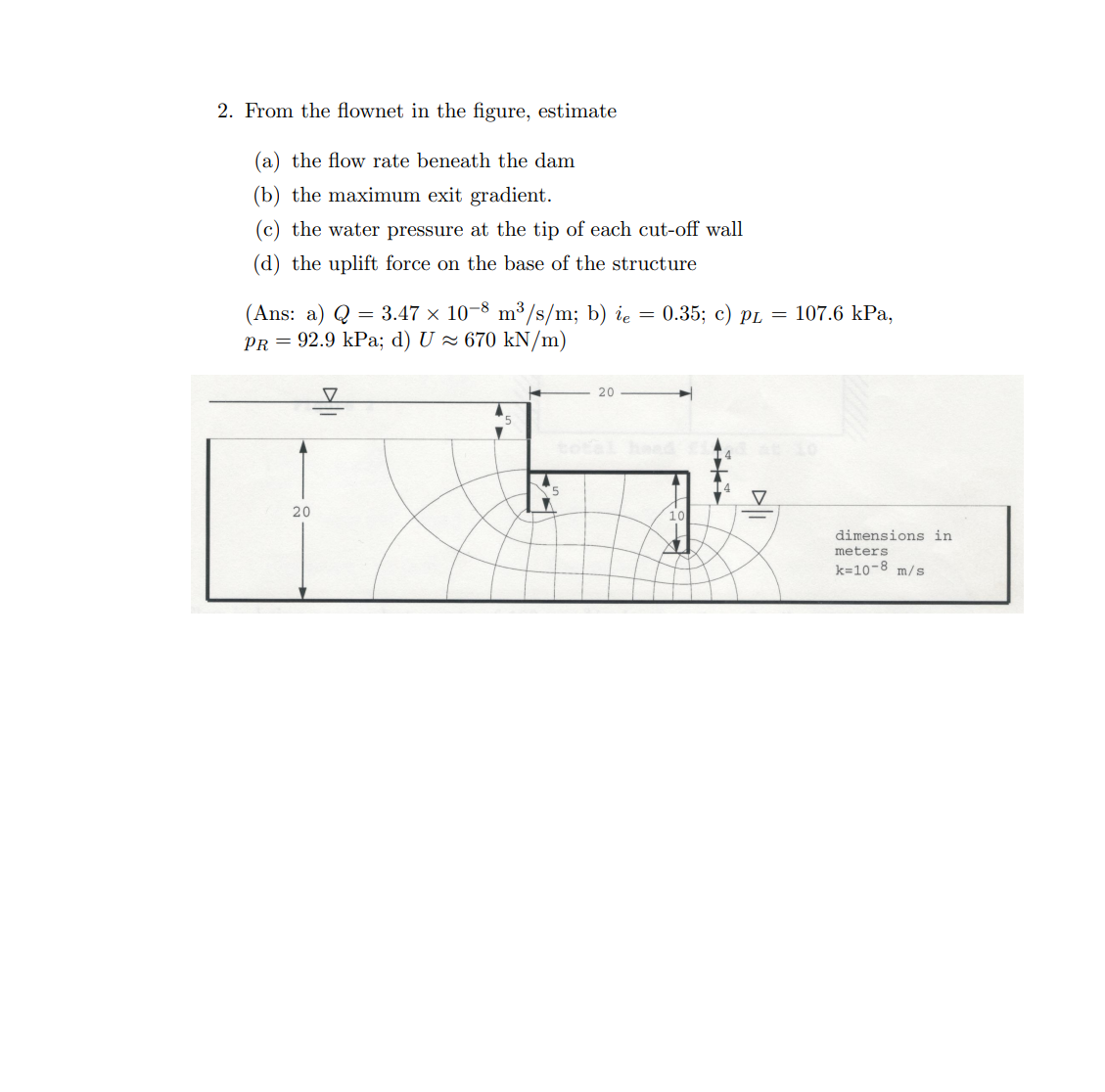 2. From the flownet in the figure, estimate
(a) the flow rate beneath the dam
(b) the maximum exit gradient.
(c) the water pressure at the tip of each cut-off wall
(d) the uplift force on the base of the structure
(Ans: a) Q = 3.47 × 10-8 m³/s/m; b) ie = 0.35; c) pL = 107.6 kPa,
PR = 92.9 kPa; d) U≈ 670 kN/m)
20
5
20
dimensions in
meters
k=10-8 m/s