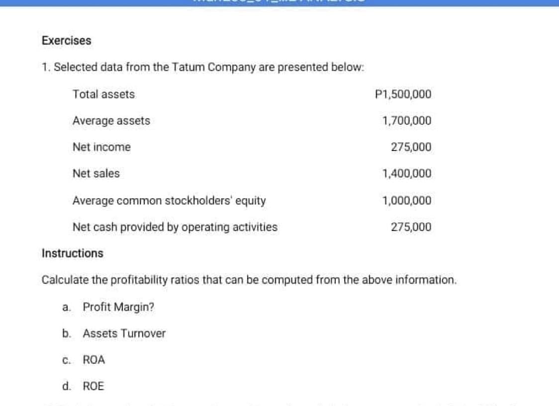 Exercises
1. Selected data from the Tatum Company are presented below:
Total assets
Average assets
Net income
Net sales
C.
Average common stockholders' equity
Net cash provided by operating activities
b. Assets Turnover
Instructions
Calculate the profitability ratios that can be computed from the above information.
a. Profit Margin?
ROA
P1,500,000
1,700,000
275,000
1,400,000
d. ROE
1,000,000
275,000