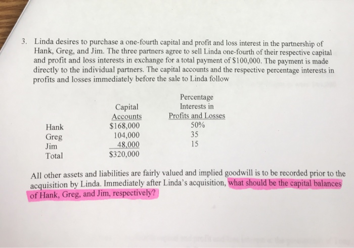 3. Linda desires to purchase a one-fourth capital and profit and loss interest in the partnership of
Hank, Greg, and Jim. The three partners agree to sell Linda one-fourth of their respective capital
and profit and loss interests in exchange for a total payment of S100,000. The payment is made
directly to the individual partners. The capital accounts and the respective percentage interests in
profits and losses immediately before the sale to Linda follow
Capital
Accounts
$168,000
104,000
48,000
$320,000
Percentage
Interests in
Profits and Losses
50%
35
Hank
Greg
Jim
Total
15
All other assets and liabilities are fairly valued and implied goodwill is to be recorded prior to the
acquisition by Linda. Immediately after Linda's acquisition, what should be the capital balances
of Hank, Greg, and Jim, respectively?
