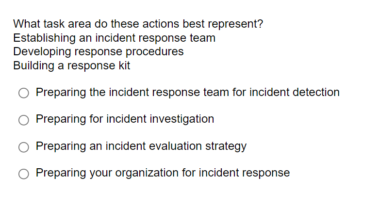 What task area do these actions best represent?
Establishing an incident response team
Developing response procedures
Building a response kit
Preparing the incident response team for incident detection
Preparing for incident investigation
Preparing an incident evaluation strategy
Preparing your organization for incident response