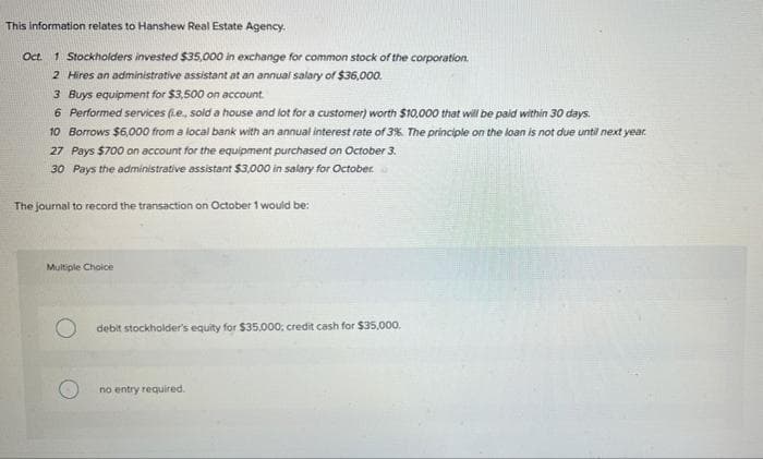 This information relates to Hanshew Real Estate Agency.
Oct. 1 Stockholders invested $35,000 in exchange for common stock of the corporation.
2 Hires an administrative assistant at an annual salary of $36,000.
3 Buys equipment for $3,500 on account.
6 Performed services (ie, sold a house and lot for a customer) worth $10,000 that will be paid within 30 days.
10 Borrows $6,000 from a local bank with an annual interest rate of 3%. The principle on the loan is not due until next year.
27 Pays $700 on account for the equipment purchased on October 3.
30 Pays the administrative assistant $3,000 in salary for October
The journal to record the transaction on October 1 would be:
Multiple Choice
Odebit stockholder's equity for $35.000; credit cash for $35,000.
no entry required.