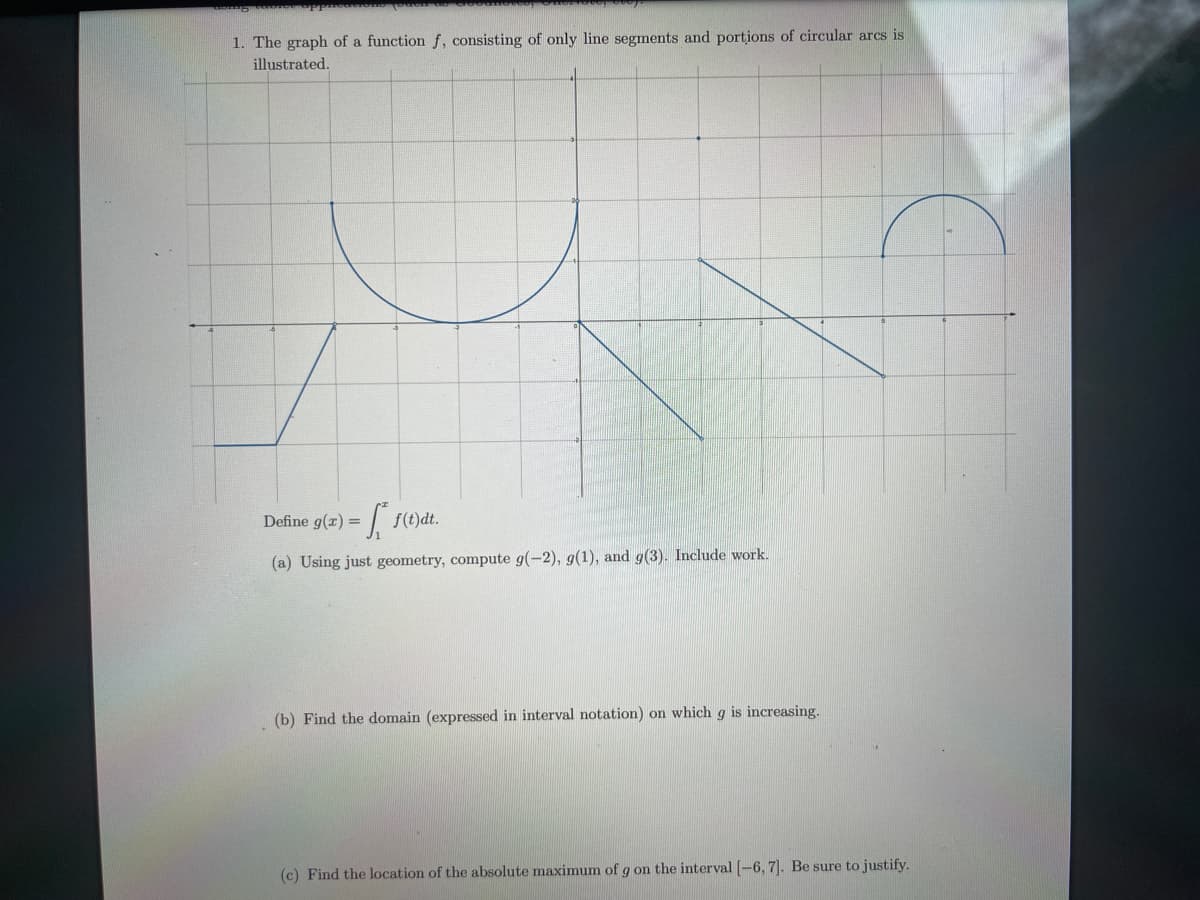 1. The graph of a function f, consisting of only line segments and portions of circular arcs is
illustrated.
Define g(x) = [₁ f(t)dt.
(a) Using just geometry, compute g(-2), g(1), and g(3). Include work.
(b) Find the domain (expressed in interval notation) on which g is increasing.
(c) Find the location of the absolute maximum of g on the interval [-6, 7]. Be sure to justify.