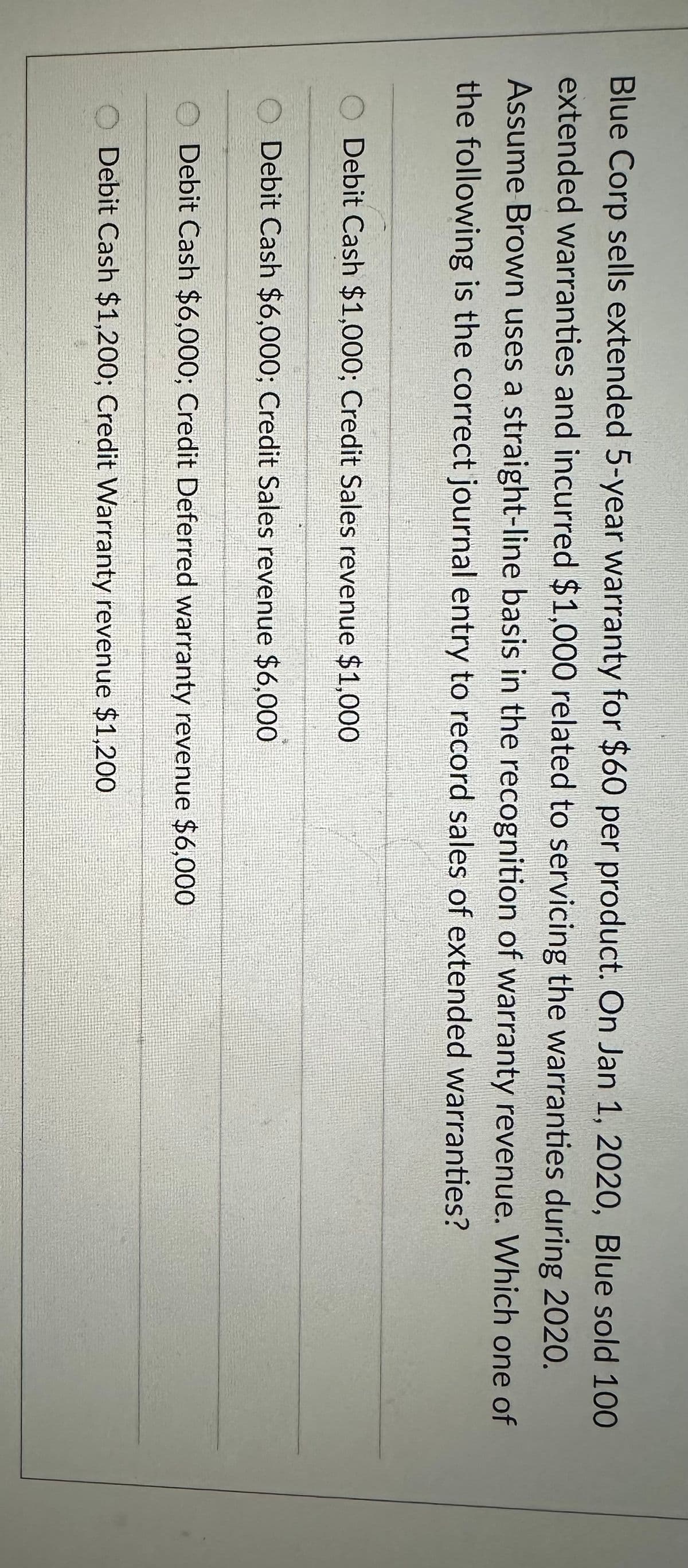 Blue Corp sells extended 5-year warranty for $60 per product. On Jan 1, 2020, Blue sold 100
extended warranties and incurred $1,000 related to servicing the warranties during 2020.
Assume Brown uses a straight-line basis in the recognition of warranty revenue. Which one of
the following is the correct journal entry to record sales of extended warranties?
Debit Cash $1,000; Credit Sales revenue $1,000
Debit Cash $6,000; Credit Sales revenue $6,000
Debit Cash $6,000; Credit Deferred warranty revenue $6,000
Debit Cash $1,200; Credit Warranty revenue $1,200