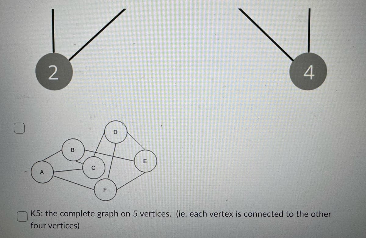 2
F
E
4
K5: the complete graph on 5 vertices. (ie. each vertex is connected to the other
four vertices)