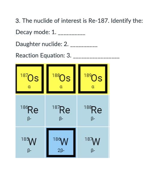 3. The nuclide of interest is Re-187. Identify the:
Decay mode: 1.
Daughter nuclide: 2.
Reaction Equation: 3.
187Os
189Os
188
a
a
186
187
188
B-
B-
B-
185
18W
18W
B-
28-
B-
