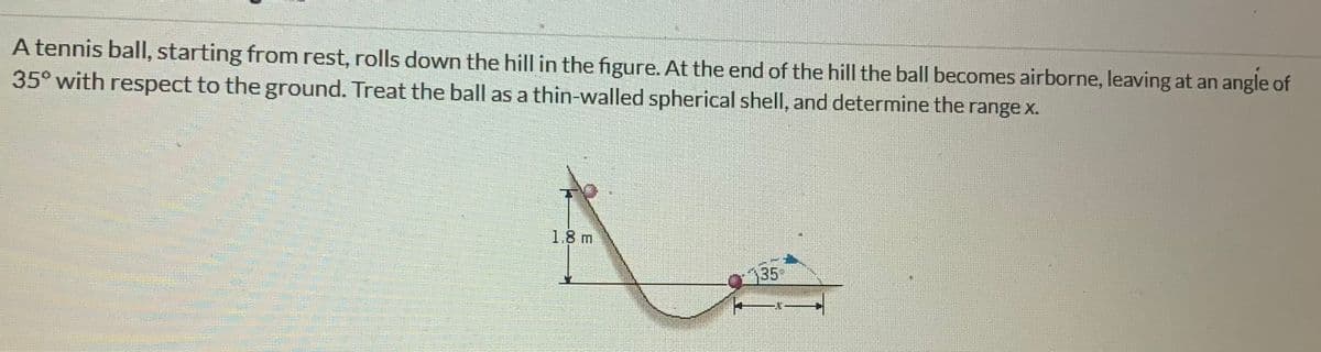 A tennis ball, starting from rest, rolls down the hill in the figure. At the end of the hill the ball becomes airborne, leaving at an angle of
35° with respect to the ground. Treat the ball as a thin-walled spherical shell, and determine the range x.
1.8 m
35