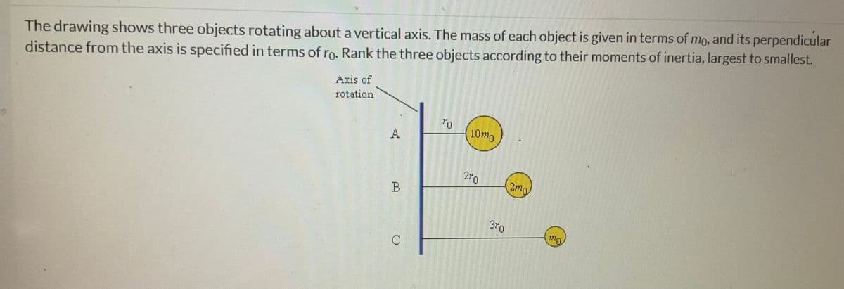 The drawing shows three objects rotating about a vertical axis. The mass of each object is given in terms of mo, and its perpendicular
distance from the axis is specified in terms of ro. Rank the three objects according to their moments of inertia, largest to smallest.
Axis of
rotation
A
B
1070
270
370
20
m