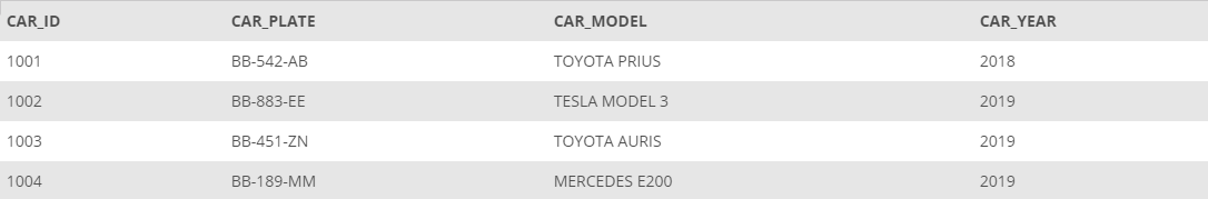 CAR_ID
CAR PLATE
CAR_MODEL
CAR_YEAR
1001
BB-542-AB
TOYOTA PRIUS
2018
1002
BB-883-EE
TESLA MODEL 3
2019
1003
BB-451-ZN
TOYOTA AURIS
2019
1004
BB-189-MM
MERCEDES E200
2019
