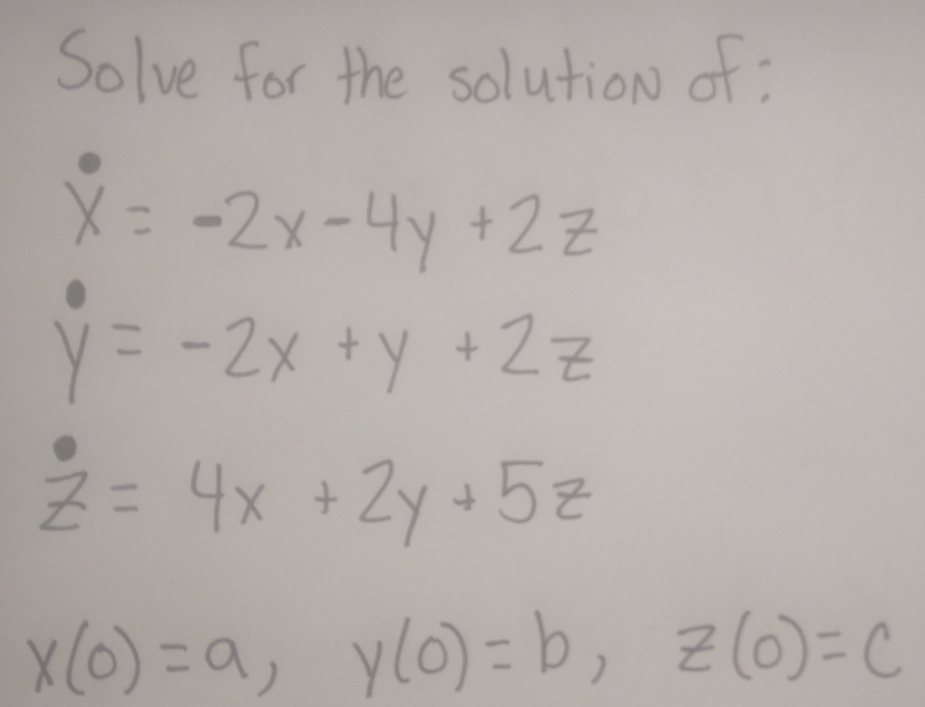 Solve for the solution of:
X= -2x-4y+2z
y = -2x + y +2z
Z = 4x + 2y +5z
x(o) = a, y(0) = b, z (o) = c