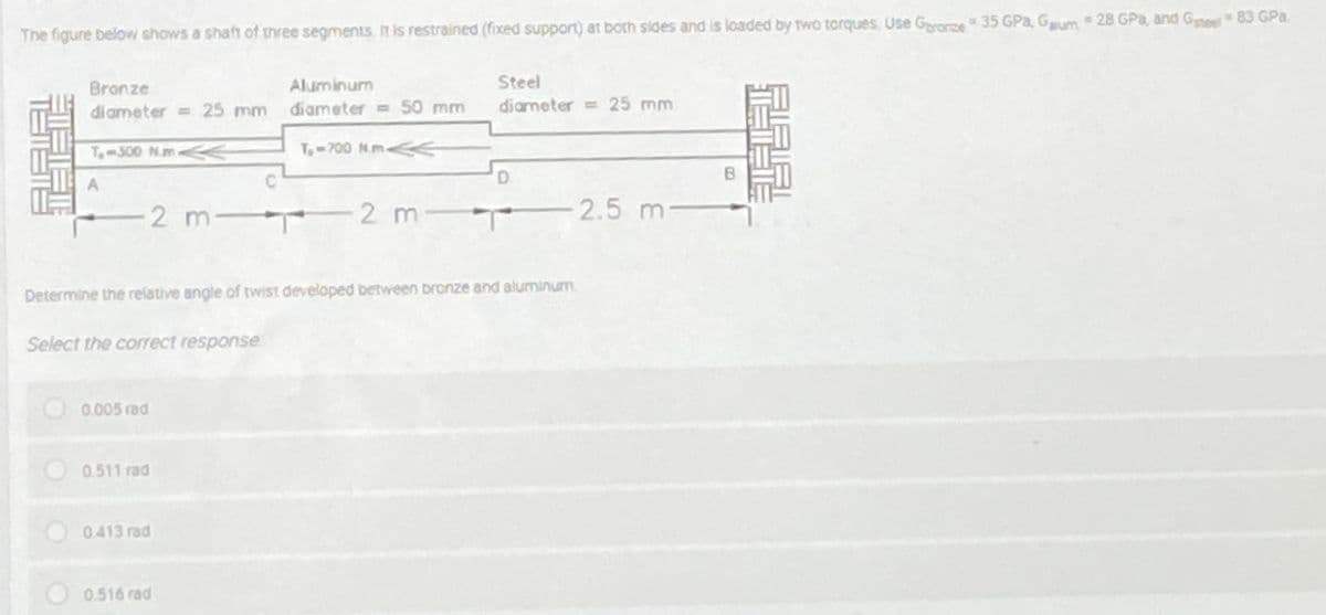 The figure below shows a shaft of three segments. It is restrained (fixed support) at both sides and is loaded by two torques. Use Grorce 35 GPa, Gum 28 GPa, and Geel 83 GPa.
Bronze
Aluminum
Steel
diameter = 25 mm
diameter = 50 mm
diameter = 25 mm
Tom300 N.m
T-700 M.m<<
D.
B.
2 m-
-2 m-
2.5 m-
Determine the relative angle of twist developed between bronze and aluminum.
Select the correct response
0.005 rad
O0.511 rad
O 0.413 rad
O0.516 rad
