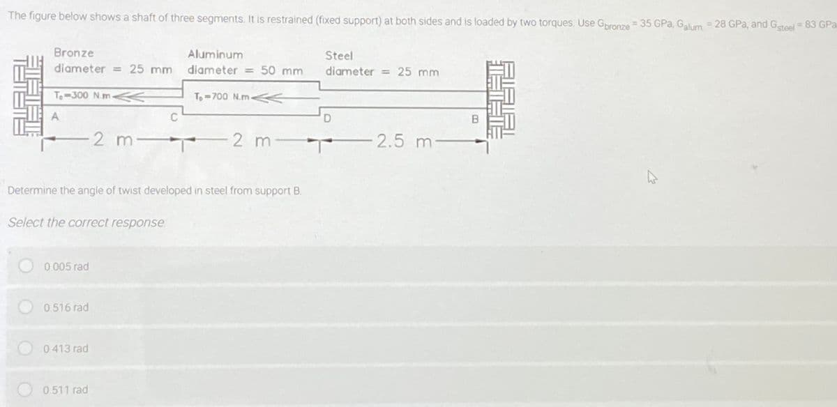 The figure below shows a shaft of three segments. It is restrained (fixed support) at both sides and is loaded by two torques. Use Gronze 35 GPa, Galum = 28 GPa, and Gteel = 83 GPa
%3D
%3D
Bronze
Aluminum
Steel
diameter = 25 mm
diameter = 50 mm
diameter = 25 mm
Te-300 N.m K
To-700 N.m<K
B.
-2 m-
-2 m
2.5 m
-
Determine the angle of twist developed in steel from support B.
Select the correct response
0.005 rad
0.516 rad
0413 rad
0.511 rad
