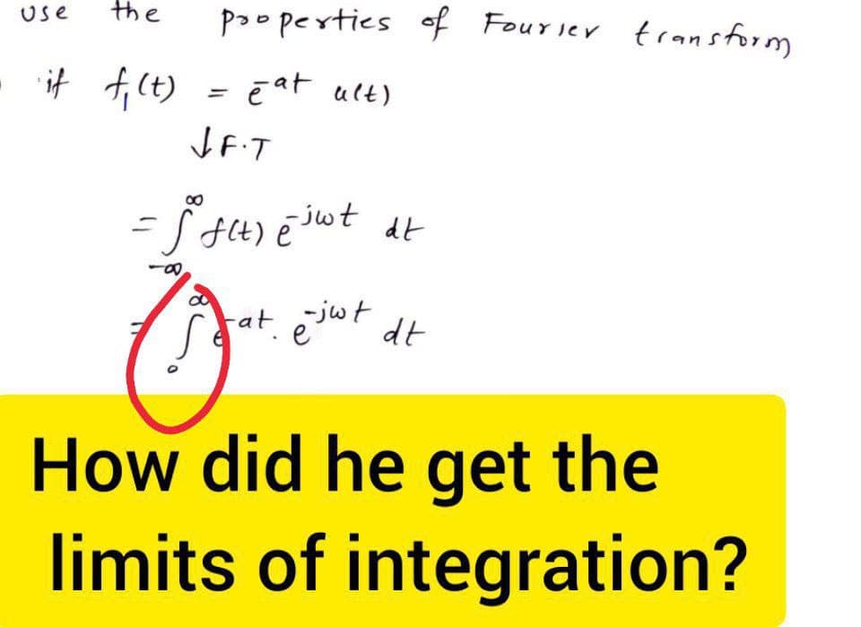 Use
the
if f₁ (t)
properties of Fourier transform
eat alt)
JF.T
=ff(t) e ³wt dt
O
How did he get the
limits of integration?
fat -just dt
e