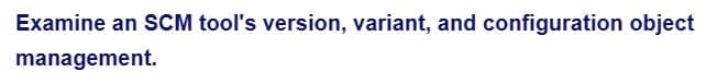 Examine an SCM tool's version, variant, and configuration object
management.