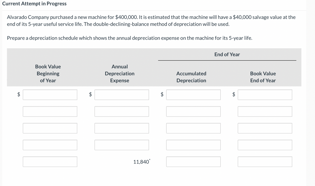 Current Attempt in Progress
Alvarado Company purchased a new machine for $400,000. It is estimated that the machine will have a $40,000 salvage value at the
end of its 5-year useful service life. The double-declining-balance method of depreciation will be used.
Prepare a depreciation schedule which shows the annual depreciation expense on the machine for its 5-year life.
tA
Book Value
Beginning
of Year
Annual
Depreciation
Expense
11,840*
LA
Accumulated
Depreciation
End of Year
Book Value
End of Year
11
