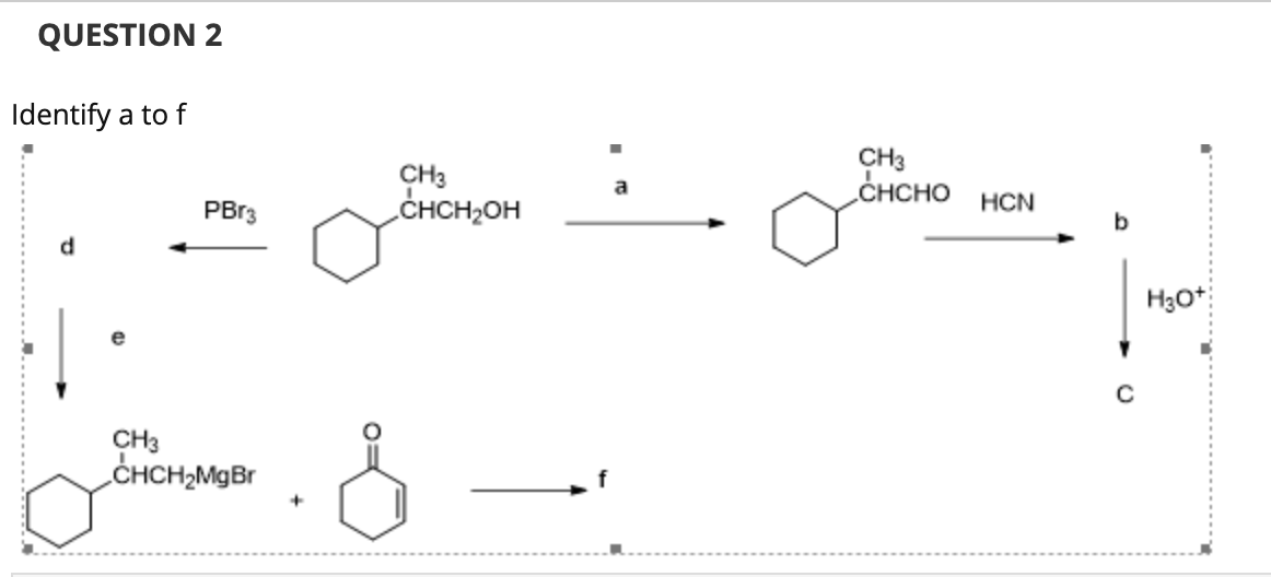 QUESTION 2
Identify a to f
CH3
CHCH,OH
CH3
CHCHO
PBr3
HCN
b
d
H30*
CH3
CHCH;MgBr
