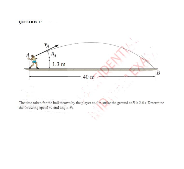 QUESTION 1
VA
1.3 m
В
40 m
The time taken for the ball thrown by the player at 4 to strike the ground at Bis 2.6 s. Determine
the throwing speed vĄ and angle 64.
DENTY
