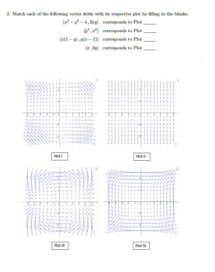 2. Match each of the following vector fields with its respective plot by filling in the blanks.
(x2 – y? – 4, 2xy) corresponds to Plot
(y? , 2²) corresponds to Plot
(x(1 – y), y(x – 1)) corresponds to Plot
(x, 3y) corresponds to Plot
Plot I
Plot I
Plot II
Plot IV
