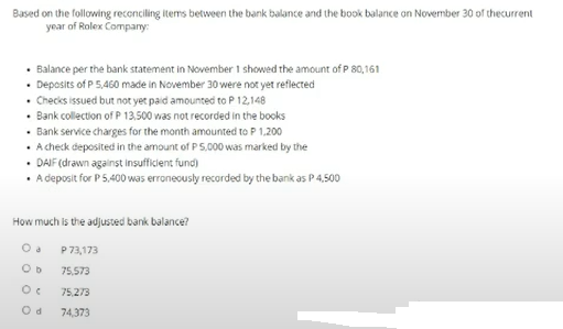 Based on the following reconciling items between the bank balance and the book balance on November 30 of thecurrent
year of Rolex Company:
• Balance per the bank statement in November 1 showed the amount of P 80,161
• Deposits of P 5,460 made in November 30 were not yet reflected
• Checks issued but not yet paid amounted to P 12,148
• Bank collection of P 13.500 was not recorded in the books
• Bank service charges for the month amounted to P 1,200
• A check deposited in the amount of P 5,000 was marked by the
• DAIF (drawn against insufficient fund)
• A deposit for P5,400 was erroneously recorded by the bank as P4,500
How much is the adjusted bank balance?
P 73,173
75,573
75,273
74,373
