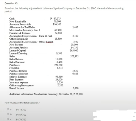 Question 43
Based on the following adjusted trial balance of Lyndon Company on December 31, 200C, the end of the accounting
period
P 67,075
70,000
176,500
Cash
Note Receivable
Accounts Receivable
Allowance for Bad Debts
Merchandise Inventory, Jan. 1
Fumiture & Fixtures
5,400
60,900
34,100
Accumulated Depreciation - Furn. & Foxt.
Office Equipment
Accumulated Depreciation - Office Eaoat
Note Payable
3,100
15,500
1,500
20,000
Accounts Payable
Leonard Capital
Leonard Drawing
Sales
Sales Returns
94,750
265,000
9,500
572,875
11,000
6,400
390,750
5,415
Sales Discount
Purchases
Freight in
Purchase Returns
Purchase discount
3,630
6,885
Salaries Expense
Rent Expense
Insurance expense
Office supplies expense
Rental Income
99.550
24,000
5,250
2,200
5,000
Additional information: Merchandise Inventory, December 31, P 76,000
How much are the total liabilities?
P114,750
P 147,750
P 174,750
