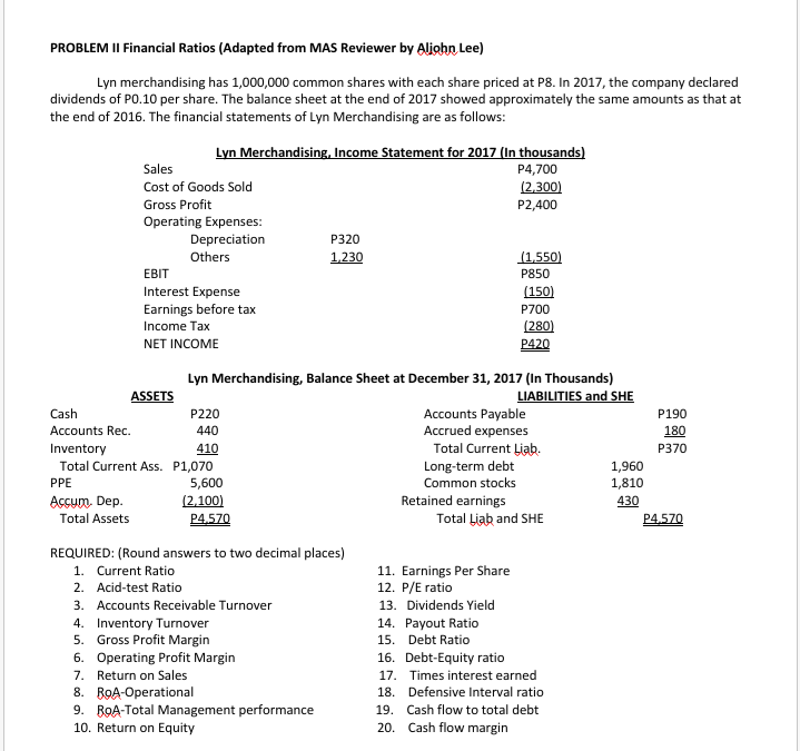 PROBLEM II Financial Ratios (Adapted from MAS Reviewer by Aliohn Lee)
Lyn merchandising has 1,000,000 common shares with each share priced at P8. In 2017, the company declared
dividends of PO.10 per share. The balance sheet at the end of 2017 showed approximately the same amounts as that at
the end of 2016. The financial statements of Lyn Merchandising are as follows:
Lyn Merchandising, Income Statement for 2017 (In thousands)
Sales
P4,700
Cost of Goods Sold
(2,300)
Gross Profit
P2,400
Operating Expenses:
Depreciation
P320
Others
23
(1,550)
ЕBIT
P850
Interest Expense
(150)
Earnings before tax
P700
Income Tax
(280)
NET INCOME
P420
Lyn Merchandising, Balance Sheet at December 31, 2017 (In Thousands)
ASSETS
LIABILITIES and SHE
Cash
Accounts Payable
Accrued expenses
Total Current Liab.
P220
P190
Accounts Rec.
440
180
Inventory
Total Current Ass. P1,070
410
P370
Long-term debt
Common stocks
1,960
PPE
5,600
1,810
Accum. Dep.
(2,100)
Retained earnings
430
Total Assets
P4,570
Total Liab and SHE
P4,570
REQUIRED: (Round answers to two decimal places)
1. Current Ratio
11. Earnings Per Share
12. P/E ratio
2. Acid-test Ratio
3. Accounts Receivable Turnover
13. Dividends Yield
4. Inventory Turnover
5. Gross Profit Margin
14. Payout Ratio
15. Debt Ratio
6. Operating Profit Margin
7. Return on Sales
8. BOA-Operational
9. BOA-Total Management performance
10. Return on Equity
16. Debt-Equity ratio
17. Times interest earned
18. Defensive Interval ratio
19. Cash flow to total debt
20. Cash flow margin
