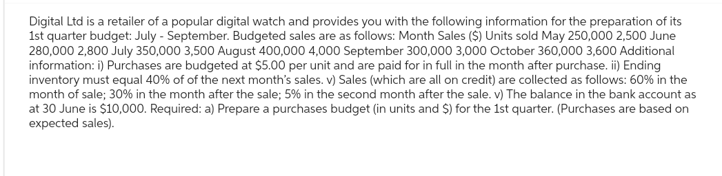 Digital Ltd is a retailer of a popular digital watch and provides you with the following information for the preparation of its
1st quarter budget: July - September. Budgeted sales are as follows: Month Sales ($) Units sold May 250,000 2,500 June
280,000 2,800 July 350,000 3,500 August 400,000 4,000 September 300,000 3,000 October 360,000 3,600 Additional
information: i) Purchases are budgeted at $5.00 per unit and are paid for in full in the month after purchase. ii) Ending
inventory must equal 40% of of the next month's sales. v) Sales (which are all on credit) are collected as follows: 60% in the
month of sale; 30% in the month after the sale; 5% in the second month after the sale. v) The balance in the bank account as
at 30 June is $10,000. Required: a) Prepare a purchases budget (in units and $) for the 1st quarter. (Purchases are based on
expected sales).