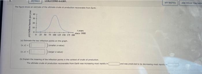 DETAILS LCALCCONS 4.4.001.
The figure shows an estimate of the ultimate crude oit production recoverable from Earth
pin) billion harrels per year
10
0
0 25 50 75 100 125 150 175 200
(a) Estimate the two infection
(x, y) =
points on the graph.
(smaller x-value)
t years
since 1900
(larger x-value)
(b) Explain the meaning of the inflection points in the context of crude oil production.
The ultimate crude oil production recoverable from Earth was increasing most rapidly in
MY NOTES
and was predicted to be decreasing most rapidly in
ASK YOUR TEACHER